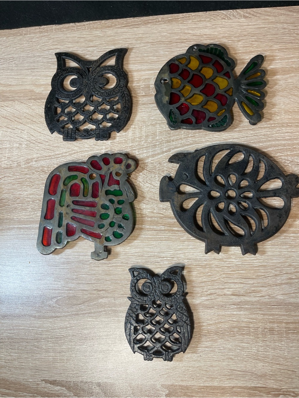 Vintage Cast Iron Decorative Trivets - Owl, Fish & pig  Set